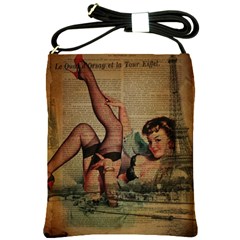 Vintage Newspaper Print Sexy Hot Pin Up Girl Paris Eiffel Tower Shoulder Sling Bag by chicelegantboutique