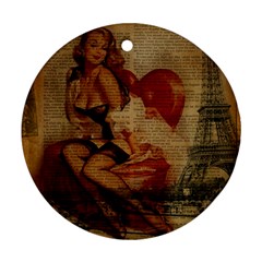 Vintage Newspaper Print Sexy Hot Gil Elvgren Pin Up Girl Paris Eiffel Tower Round Ornament (two Sides) by chicelegantboutique