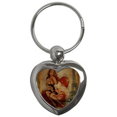 Vintage Newspaper Print Sexy Hot Gil Elvgren Pin Up Girl Paris Eiffel Tower Key Chain (heart) by chicelegantboutique