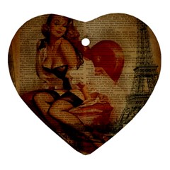 Vintage Newspaper Print Sexy Hot Gil Elvgren Pin Up Girl Paris Eiffel Tower Heart Ornament (two Sides) by chicelegantboutique