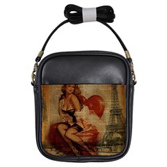 Vintage Newspaper Print Sexy Hot Gil Elvgren Pin Up Girl Paris Eiffel Tower Girl s Sling Bag by chicelegantboutique