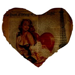 Vintage Newspaper Print Sexy Hot Gil Elvgren Pin Up Girl Paris Eiffel Tower 19  Premium Heart Shape Cushion by chicelegantboutique