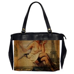 Vintage Newspaper Print Sexy Hot Gil Elvgren Pin Up Girl Paris Eiffel Tower Oversize Office Handbag (two Sides) by chicelegantboutique