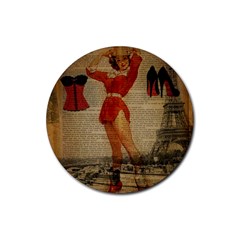 Vintage Newspaper Print Sexy Hot Gil Elvgren Pin Up Girl Paris Eiffel Tower Western Country Naughty  Drink Coasters 4 Pack (Round)