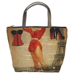 Vintage Newspaper Print Sexy Hot Gil Elvgren Pin Up Girl Paris Eiffel Tower Western Country Naughty  Bucket Bag by chicelegantboutique