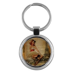 Cute Sweet Sailor Dress Vintage Newspaper Print Sexy Hot Gil Elvgren Pin Up Girl Paris Eiffel Tower Key Chain (round) by chicelegantboutique