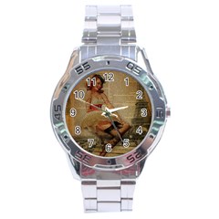 Cute Sweet Sailor Dress Vintage Newspaper Print Sexy Hot Gil Elvgren Pin Up Girl Paris Eiffel Tower Stainless Steel Watch (men s)