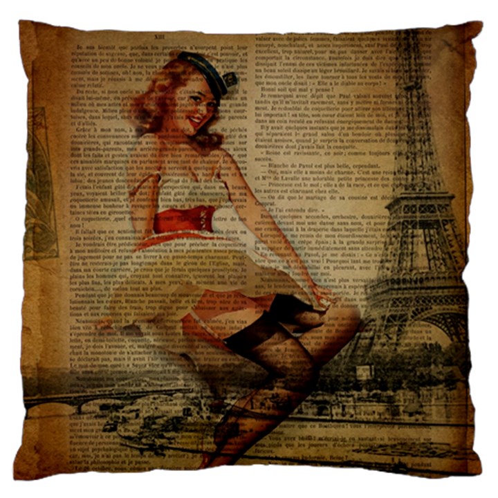 Cute Sweet Sailor Dress Vintage Newspaper Print Sexy Hot Gil Elvgren Pin Up Girl Paris Eiffel Tower Large Cushion Case (Single Sided) 