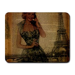 Retro Telephone Lady Vintage Newspaper Print Pin Up Girl Paris Eiffel Tower Small Mouse Pad (rectangle) by chicelegantboutique