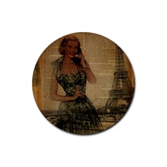 Retro Telephone Lady Vintage Newspaper Print Pin Up Girl Paris Eiffel Tower Drink Coaster (round) by chicelegantboutique