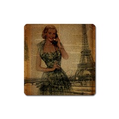 Retro Telephone Lady Vintage Newspaper Print Pin Up Girl Paris Eiffel Tower Magnet (square) by chicelegantboutique