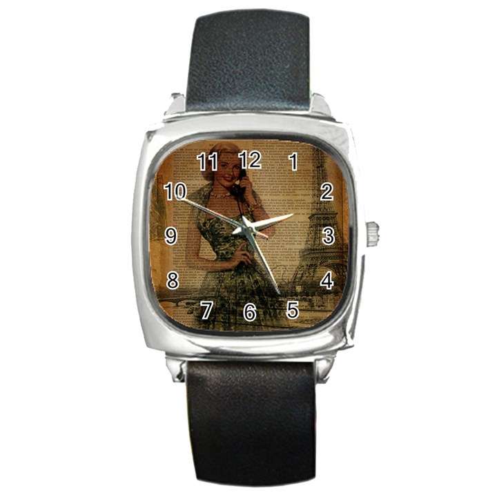 Retro Telephone Lady Vintage Newspaper Print Pin Up Girl Paris Eiffel Tower Square Leather Watch