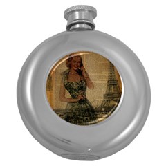 Retro Telephone Lady Vintage Newspaper Print Pin Up Girl Paris Eiffel Tower Hip Flask (round) by chicelegantboutique