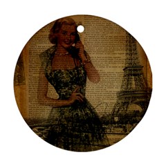 Retro Telephone Lady Vintage Newspaper Print Pin Up Girl Paris Eiffel Tower Round Ornament (two Sides) by chicelegantboutique