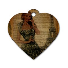 Retro Telephone Lady Vintage Newspaper Print Pin Up Girl Paris Eiffel Tower Dog Tag Heart (one Sided) 