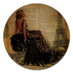 Elegant Evening Gown Lady Vintage Newspaper Print Pin Up Girl Paris Eiffel Tower Magnet 5  (round)