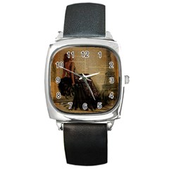 Elegant Evening Gown Lady Vintage Newspaper Print Pin Up Girl Paris Eiffel Tower Square Leather Watch by chicelegantboutique