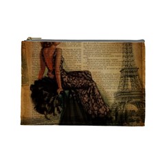 Elegant Evening Gown Lady Vintage Newspaper Print Pin Up Girl Paris Eiffel Tower Cosmetic Bag (large) by chicelegantboutique