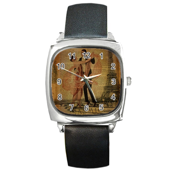 Vintage Paris Eiffel Tower Elegant Dancing Waltz Dance Couple  Square Leather Watch