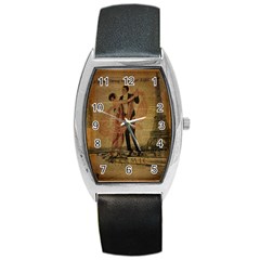 Vintage Paris Eiffel Tower Elegant Dancing Waltz Dance Couple  Tonneau Leather Watch