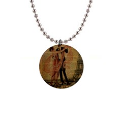 Vintage Paris Eiffel Tower Elegant Dancing Waltz Dance Couple  Button Necklace