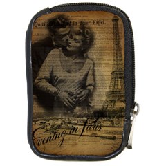 Romantic Kissing Couple Love Vintage Paris Eiffel Tower Compact Camera Leather Case by chicelegantboutique