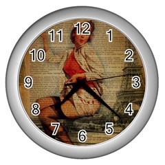  Vintage Newspaper Print Pin Up Girl Paris Eiffel Tower Funny Vintage Retro Nurse  Wall Clock (silver)