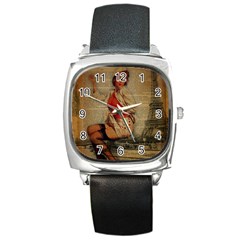  Vintage Newspaper Print Pin Up Girl Paris Eiffel Tower Funny Vintage Retro Nurse  Square Leather Watch by chicelegantboutique