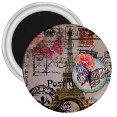 Floral Scripts Butterfly Eiffel Tower Vintage Paris Fashion 3  Button Magnet by chicelegantboutique