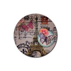 Floral Scripts Butterfly Eiffel Tower Vintage Paris Fashion Drink Coaster (round) by chicelegantboutique