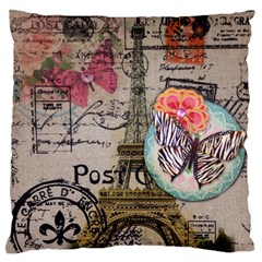 Floral Scripts Butterfly Eiffel Tower Vintage Paris Fashion Large Cushion Case (single Sided)  by chicelegantboutique