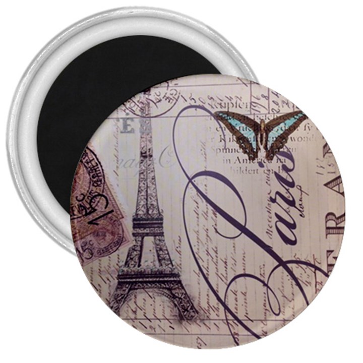 Vintage Scripts Floral Scripts Butterfly Eiffel Tower Vintage Paris Fashion 3  Button Magnet