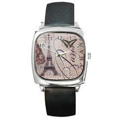 Vintage Scripts Floral Scripts Butterfly Eiffel Tower Vintage Paris Fashion Square Leather Watch by chicelegantboutique