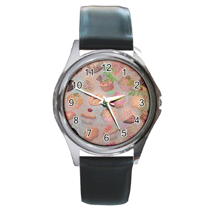 French Pastry Vintage Scripts Cookies Cupcakes Vintage Paris Fashion Round Metal Watch (Silver Rim)