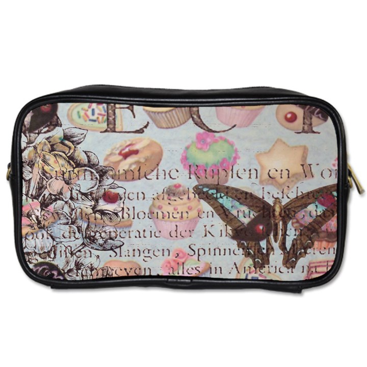 French Pastry Vintage Scripts Floral Scripts Butterfly Eiffel Tower Vintage Paris Fashion Travel Toiletry Bag (One Side)