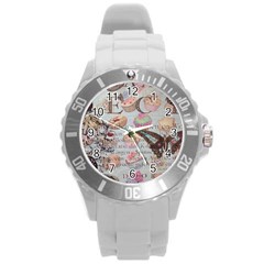 French Pastry Vintage Scripts Floral Scripts Butterfly Eiffel Tower Vintage Paris Fashion Plastic Sport Watch (Large)