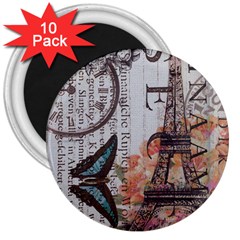 Vintage Clock Blue Butterfly Paris Eiffel Tower Fashion 3  Button Magnet (10 Pack) by chicelegantboutique