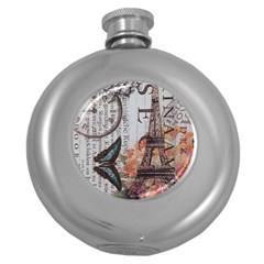 Vintage Clock Blue Butterfly Paris Eiffel Tower Fashion Hip Flask (round) by chicelegantboutique