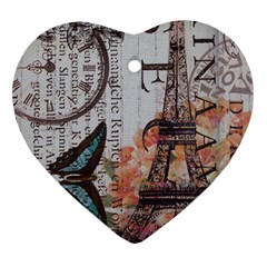 Vintage Clock Blue Butterfly Paris Eiffel Tower Fashion Heart Ornament (two Sides) by chicelegantboutique