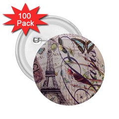 Paris Eiffel Tower Vintage Bird Butterfly French Botanical Art 2 25  Button (100 Pack) by chicelegantboutique