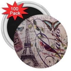 Paris Eiffel Tower Vintage Bird Butterfly French Botanical Art 3  Button Magnet (100 pack)