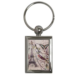 Paris Eiffel Tower Vintage Bird Butterfly French Botanical Art Key Chain (Rectangle)