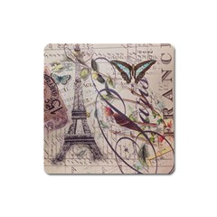 Paris Eiffel Tower Vintage Bird Butterfly French Botanical Art Magnet (Square)