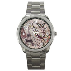 Paris Eiffel Tower Vintage Bird Butterfly French Botanical Art Sport Metal Watch