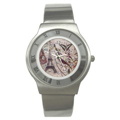 Paris Eiffel Tower Vintage Bird Butterfly French Botanical Art Stainless Steel Watch (unisex) by chicelegantboutique