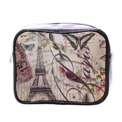 Paris Eiffel Tower Vintage Bird Butterfly French Botanical Art Mini Travel Toiletry Bag (One Side)