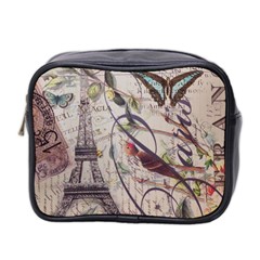 Paris Eiffel Tower Vintage Bird Butterfly French Botanical Art Mini Travel Toiletry Bag (Two Sides)