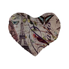 Paris Eiffel Tower Vintage Bird Butterfly French Botanical Art 16  Premium Heart Shape Cushion  by chicelegantboutique