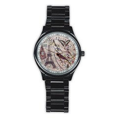 Paris Eiffel Tower Vintage Bird Butterfly French Botanical Art Sport Metal Watch (Black)