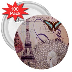 White Peacock Paris Eiffel Tower Vintage Bird Butterfly French Botanical Art 3  Button (100 Pack) by chicelegantboutique
